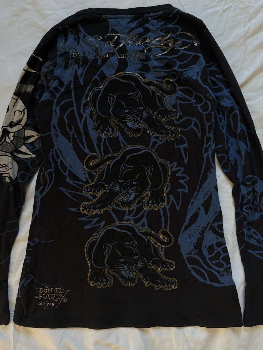 Vintage Ed Hardy Black Long Sleeve Tee Blue Panther Graphic